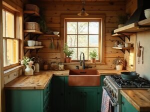 "Rustic cabin kitchen with pine shelving, copper sink, butcher block countertops, and vintage utensils bathed in golden hour light"