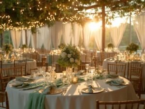 "Elegant wedding reception hall during golden hour featuring sage green decor, gold accents, white roses, and Edison bulb string lights."