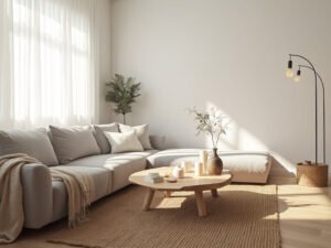 "Scandinavian living room with dove gray sofa, light wood coffee table, wool throws, and jute rug on a clean white background during golden hour"