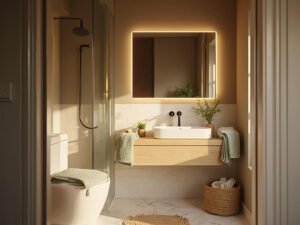 "Small luxurious bathroom with beige walls, white subway tile, floating oak vanity, brass fixtures, and green accent towels"