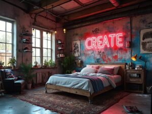 "Urban street-style bedroom with graffiti wall, industrial furniture, and neon accents on concrete background"