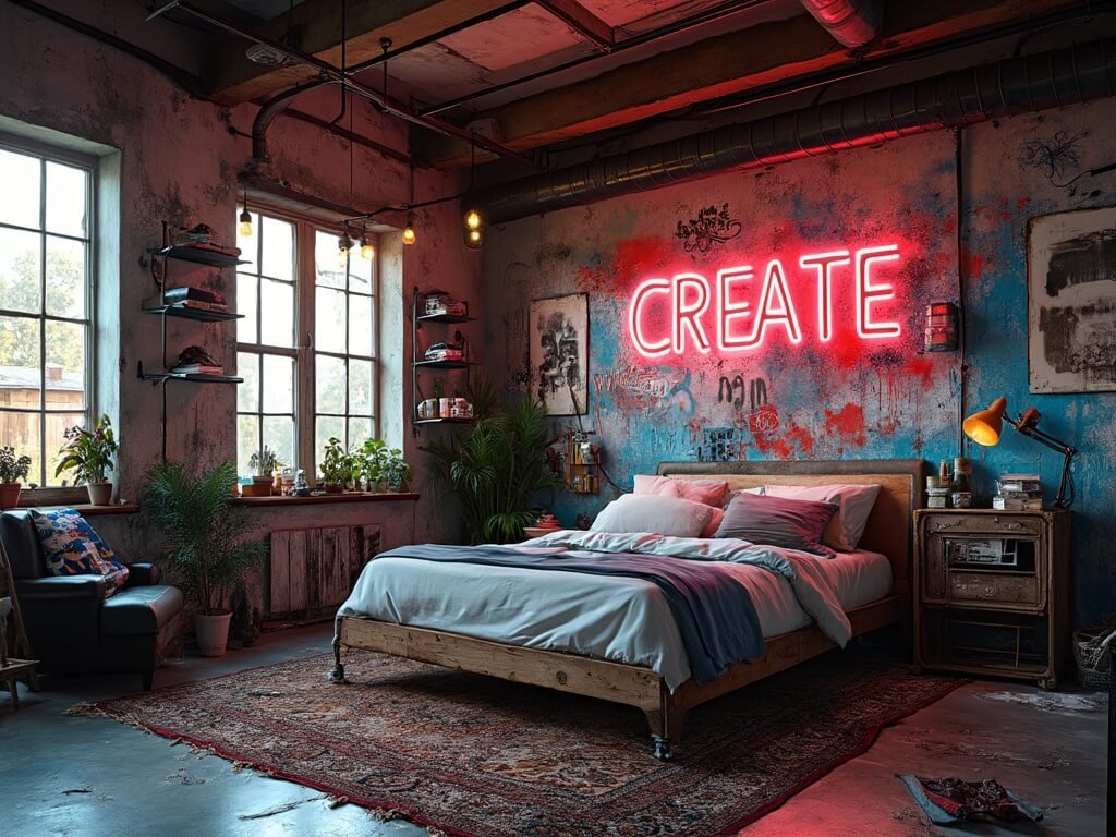 "Urban street-style bedroom with graffiti wall, industrial furniture, and neon accents on concrete background"
