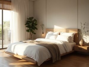 "Zen bedroom sanctuary with platform bed, linen bedding, eucalyptus stems, peace lily, minimalist morning light"