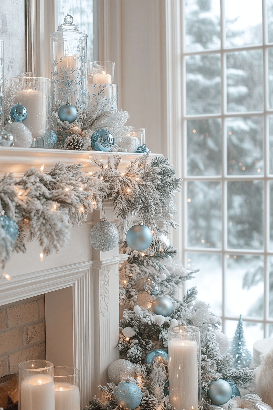 2 icy blue holiday mantel