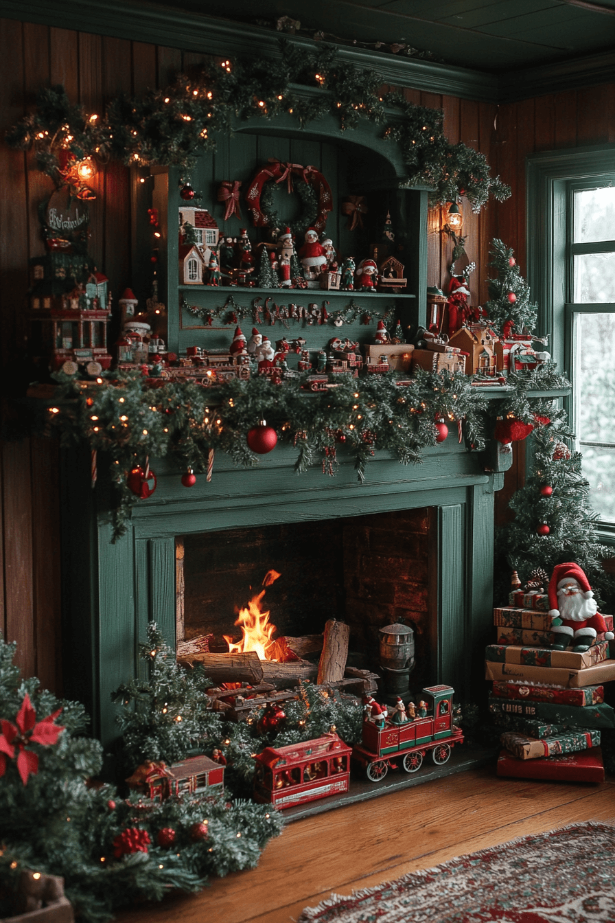 9 santas cheerful fireplace scene