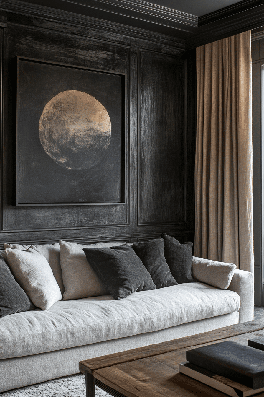 22 neutral chic dark grey living room