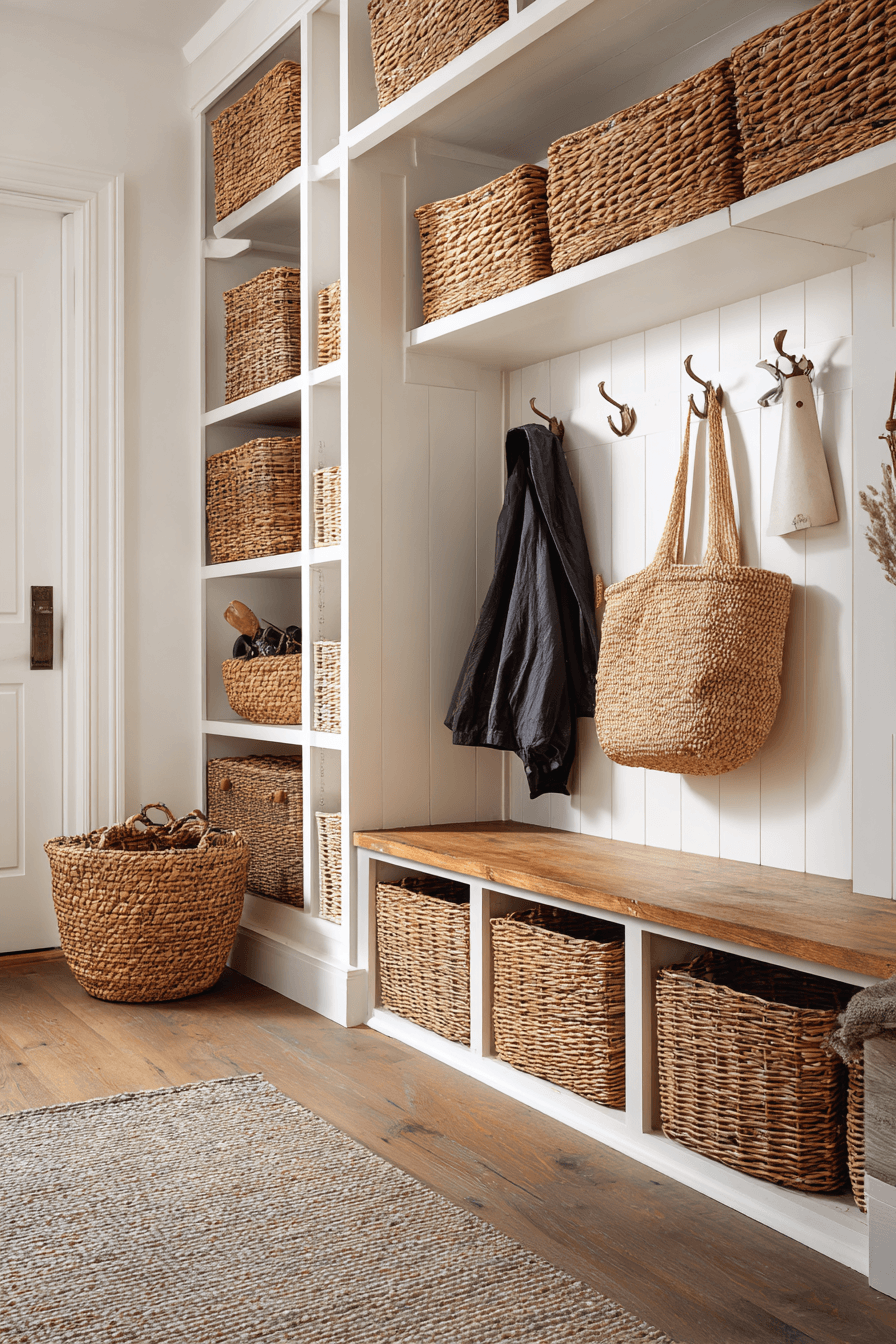 13 natural woven storage baskets